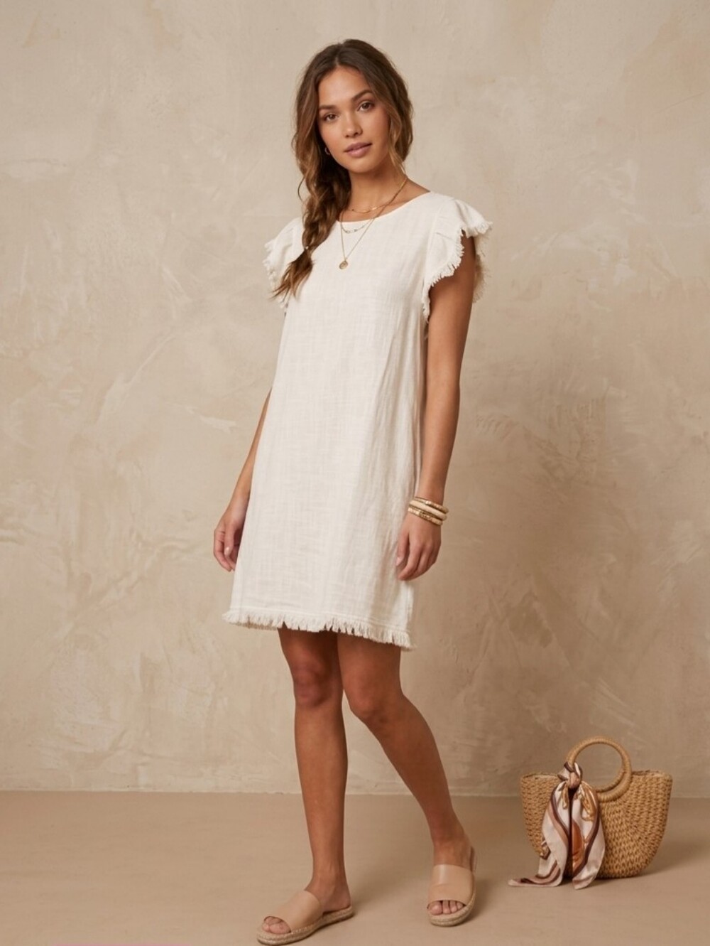 UMGEE Boho Linen Frayed Tunic Dress Open Twist Back Cream Off White S